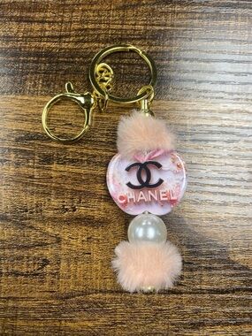 Pink Pom Keychain with Pearl Accent